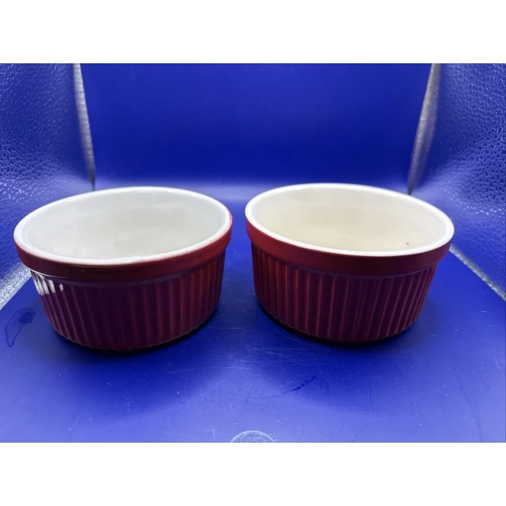 Crofton Mini Ceramic Casserole Dish w/Lid & Two Matching Ribbed Ramekins-Red Lot
